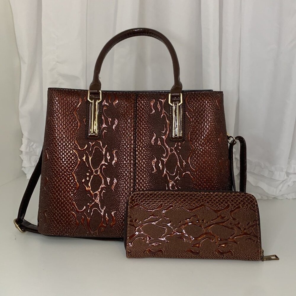 Python Print Embossed Patent Brown Shoulder Bag W… - image 1